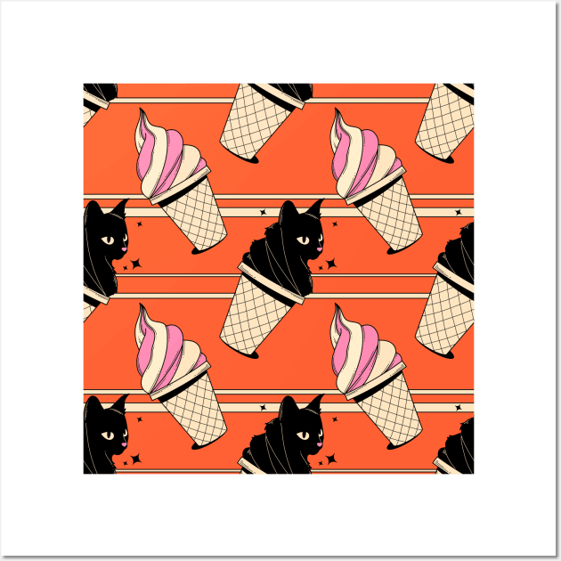 Ice Cream Black Cat Pattern in orange Wall Art by The Charcoal Cat Co.